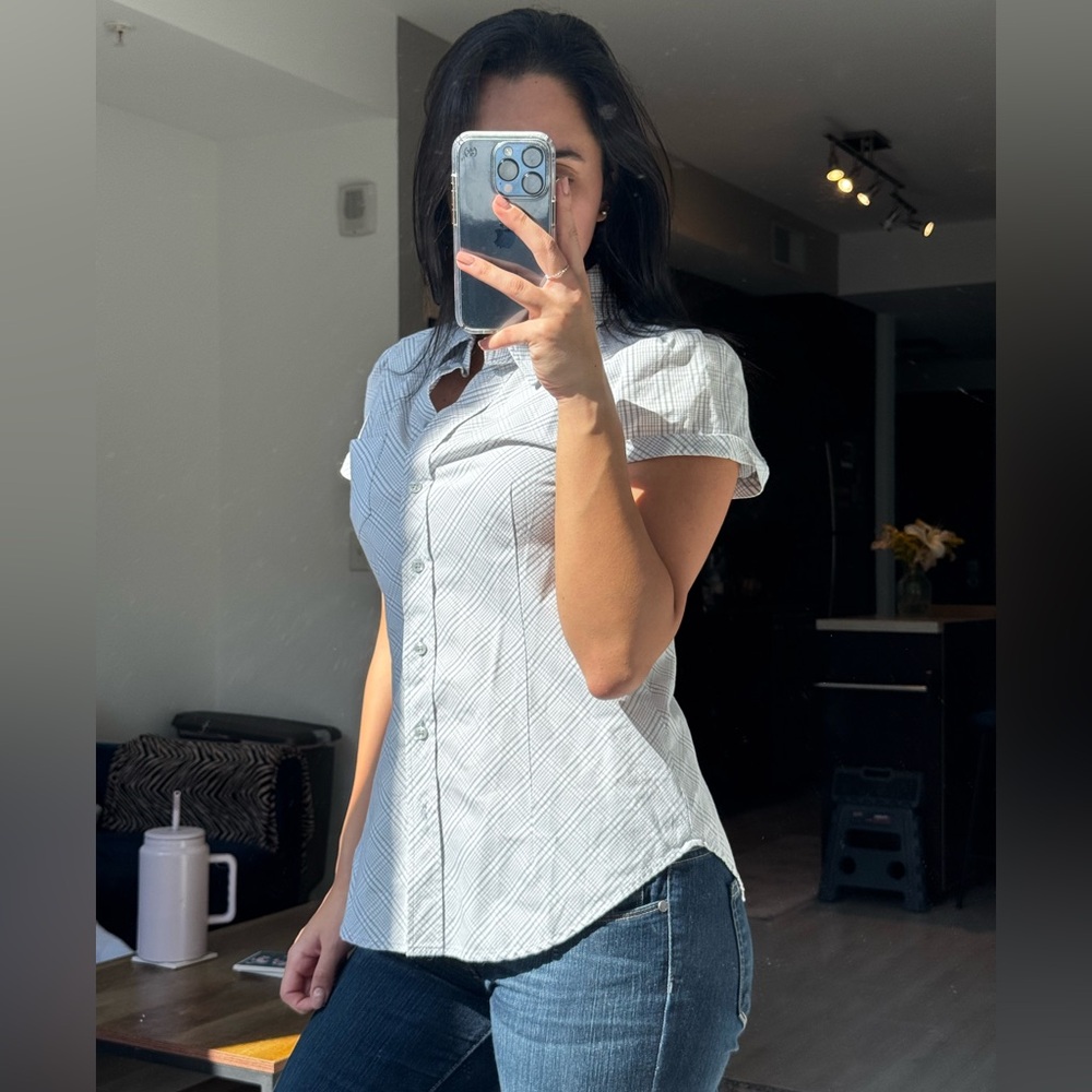 White and Grey Button Down Women's Top